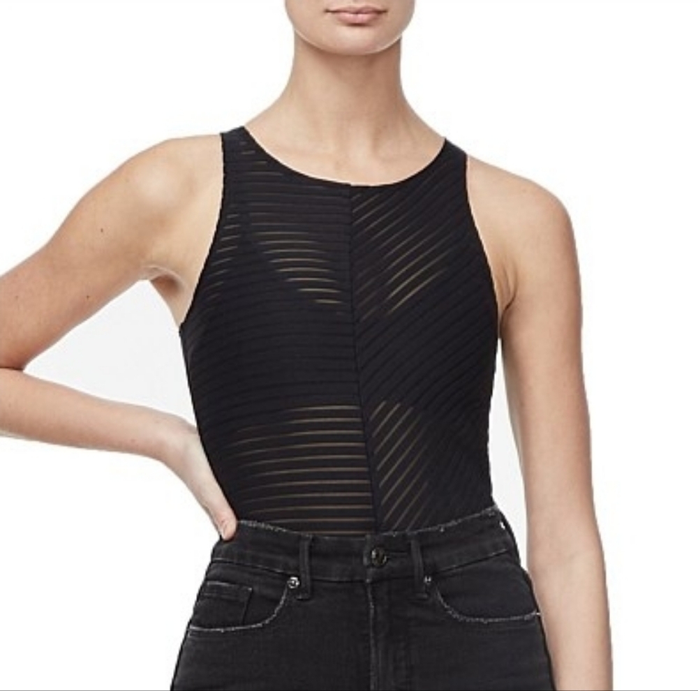 NWT Good American Black Stripe Mesh Sheer Bodysuit Size 3 Large L